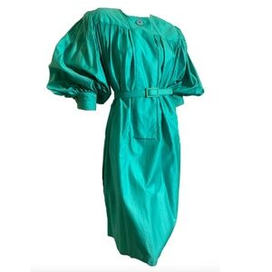 True Vintage Italian Designer Teal Cotton Belted Tent Dress Full Sleeves